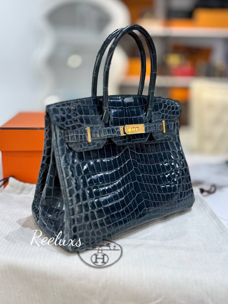 FULL SET HERMES Birkin 30 Vert Rousseau Shinny Niloticus Crocodile Gold Hardware Handbag GHW