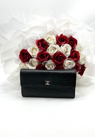 CHANEL Authentic Lambskin Camellia Flap Long Wallet - Reeluxs 