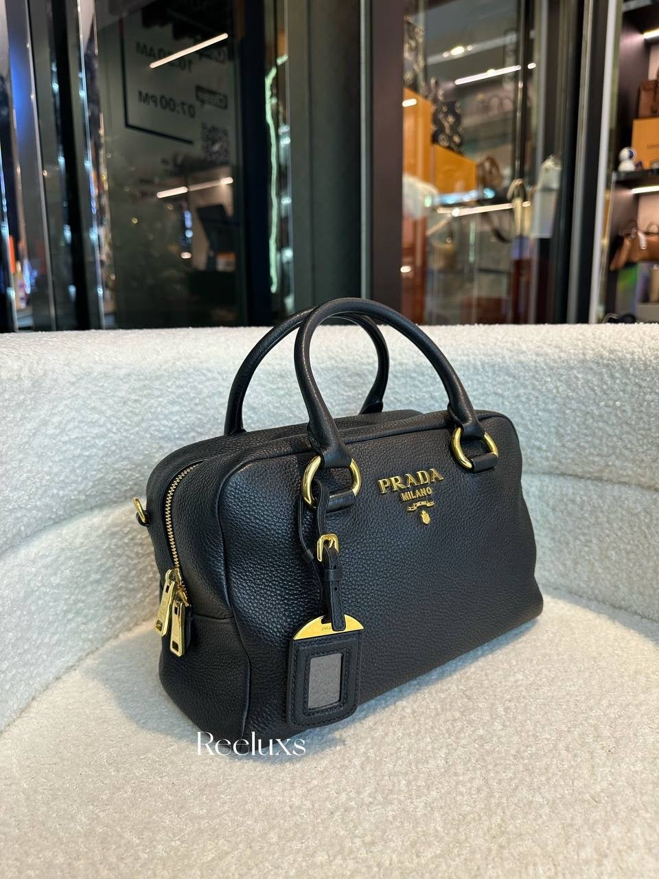 Prada Black Leather Stripe Strap Satchel Handbag