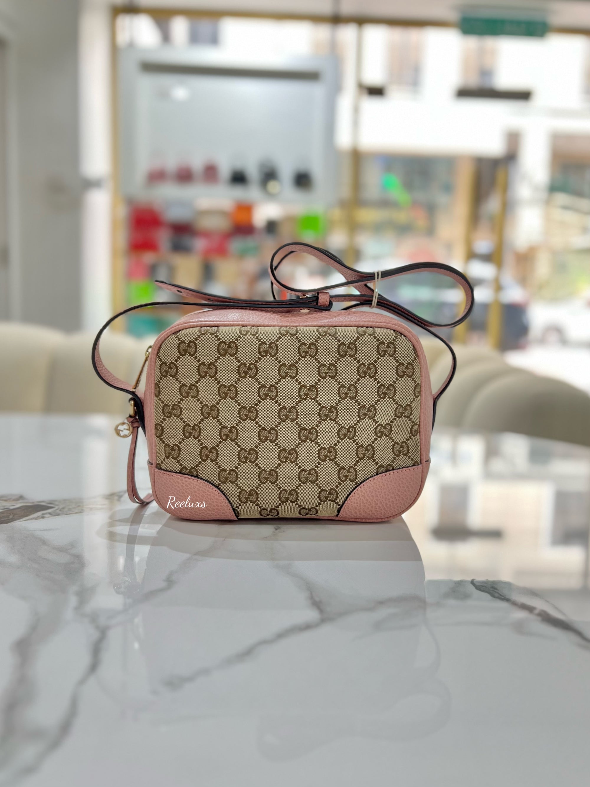 GUCCI Monogram Mini Bree Messenger Bag Beige Soft Pink For Lady