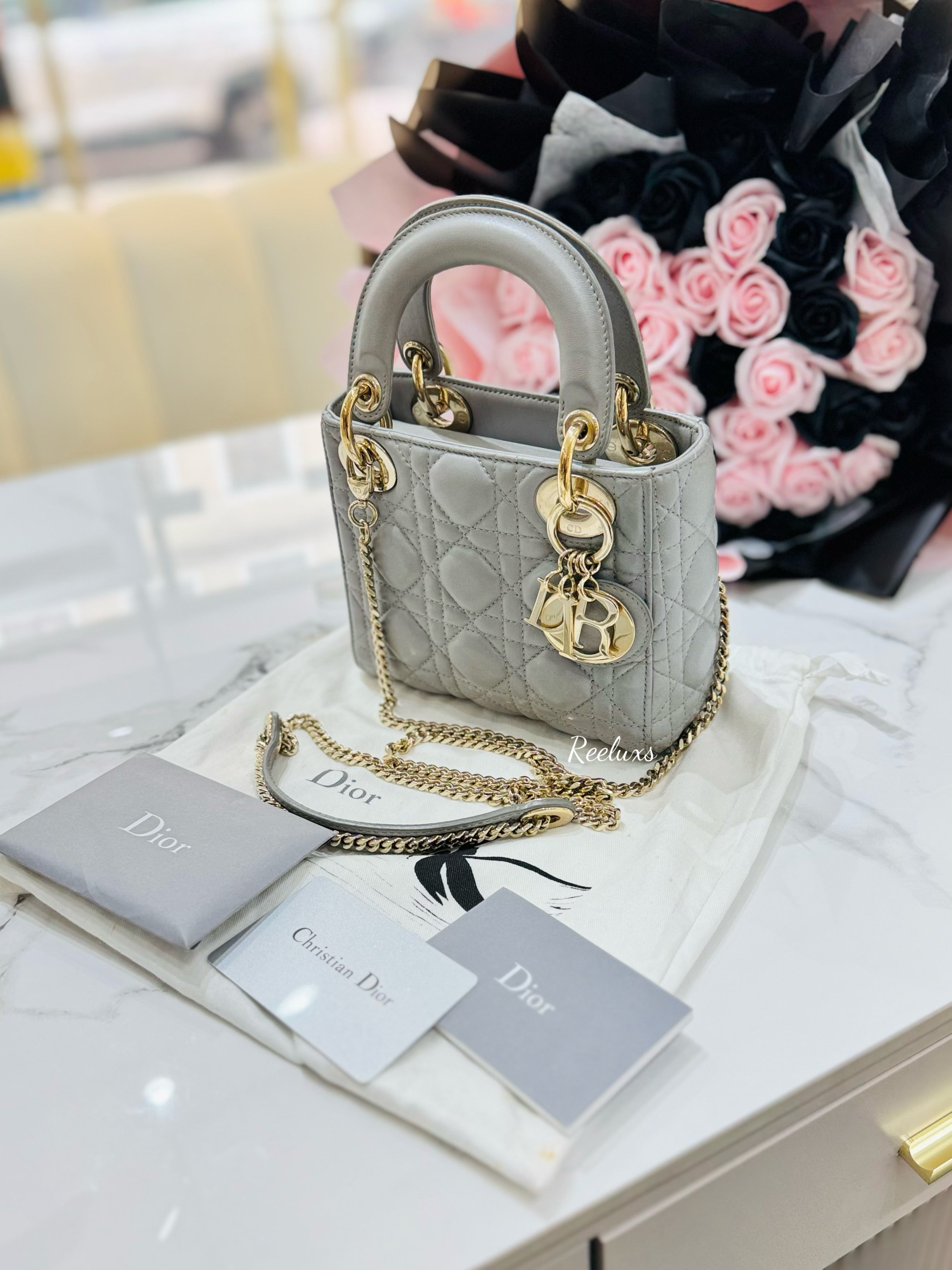 CHRISTIAN DIOR Mini Lady Dior Bag Opaline Gray Pearlescent Cannage Lambskin Shoulder Bag