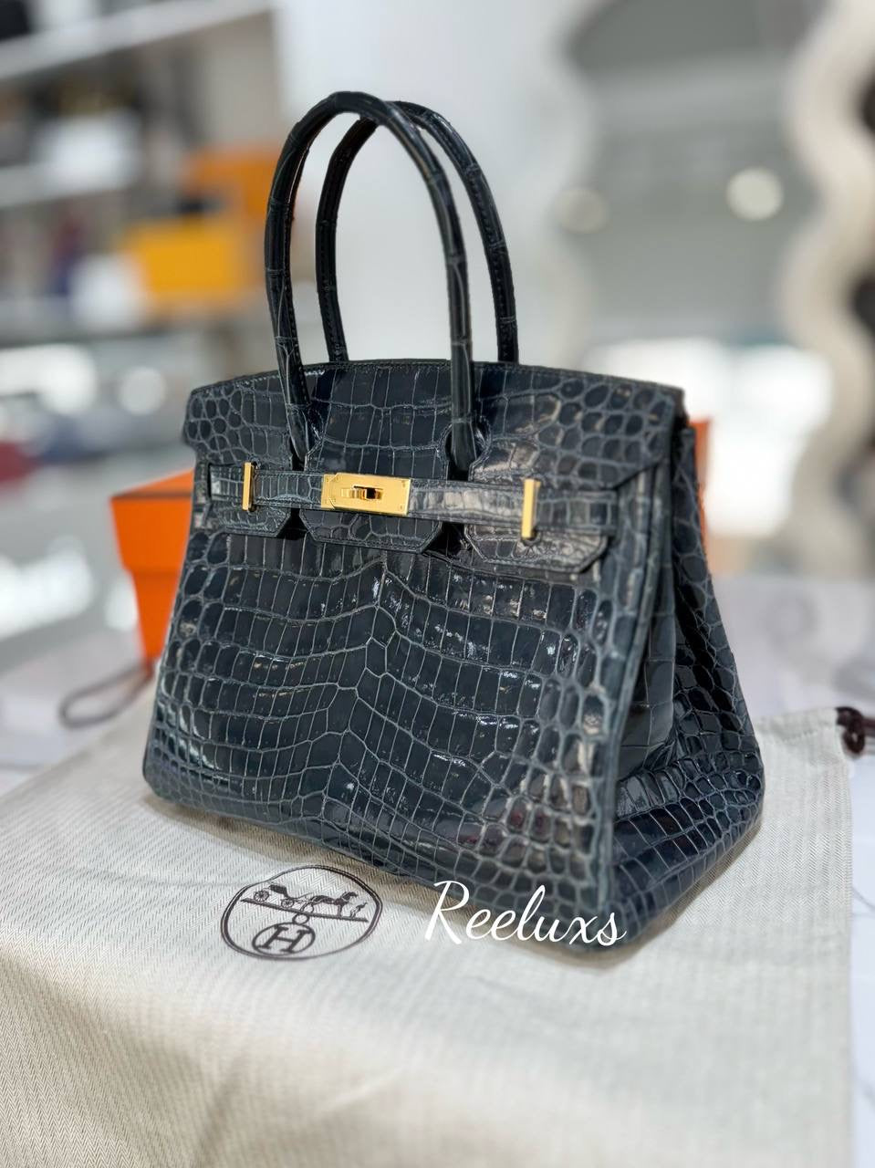 FULL SET HERMES Birkin 30 Vert Rousseau Shinny Niloticus Crocodile Gold Hardware Handbag GHW
