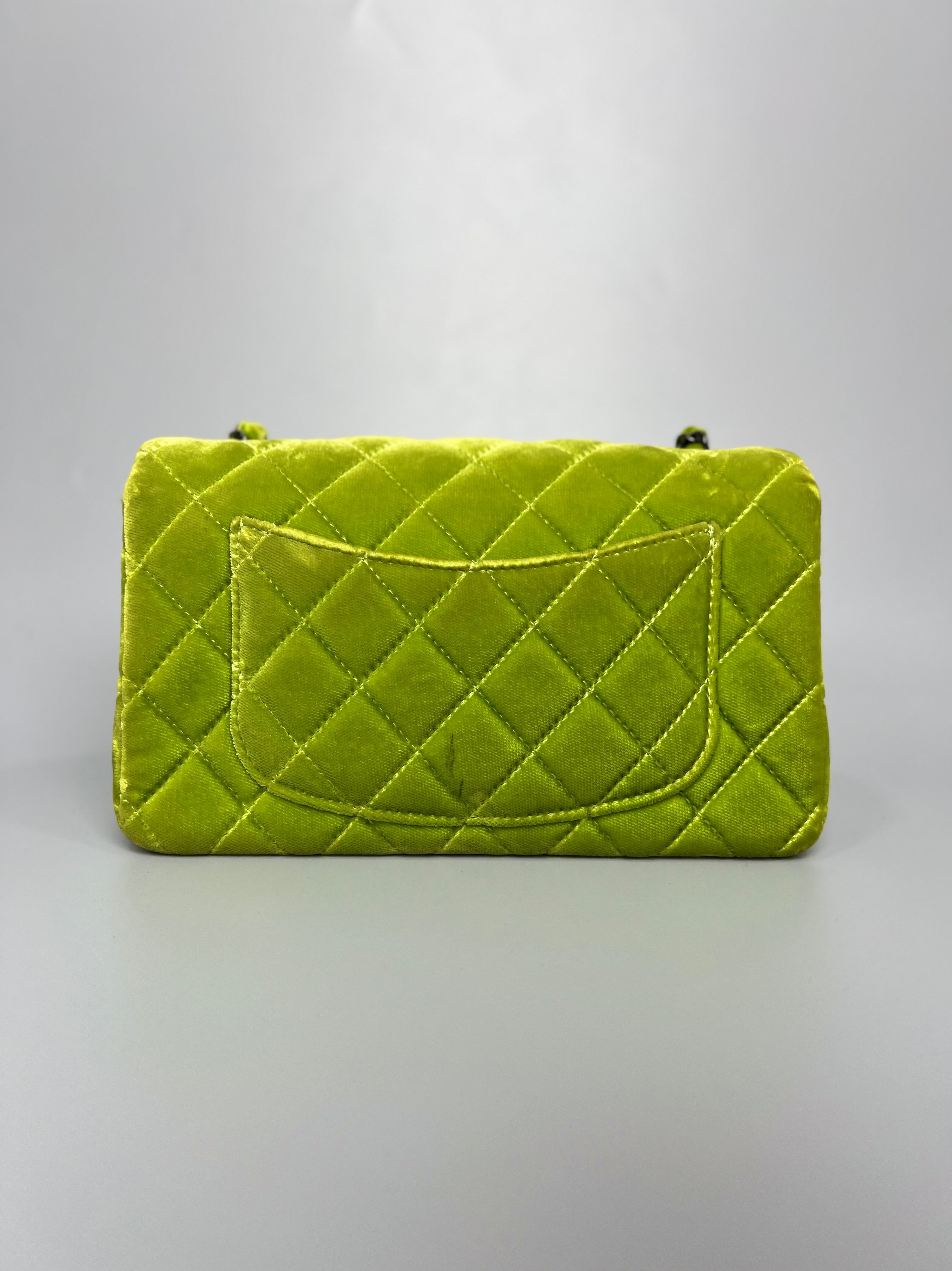 CHANEL Green Lime Quilted Velvet Mini Single Flap Bag - Reeluxs 