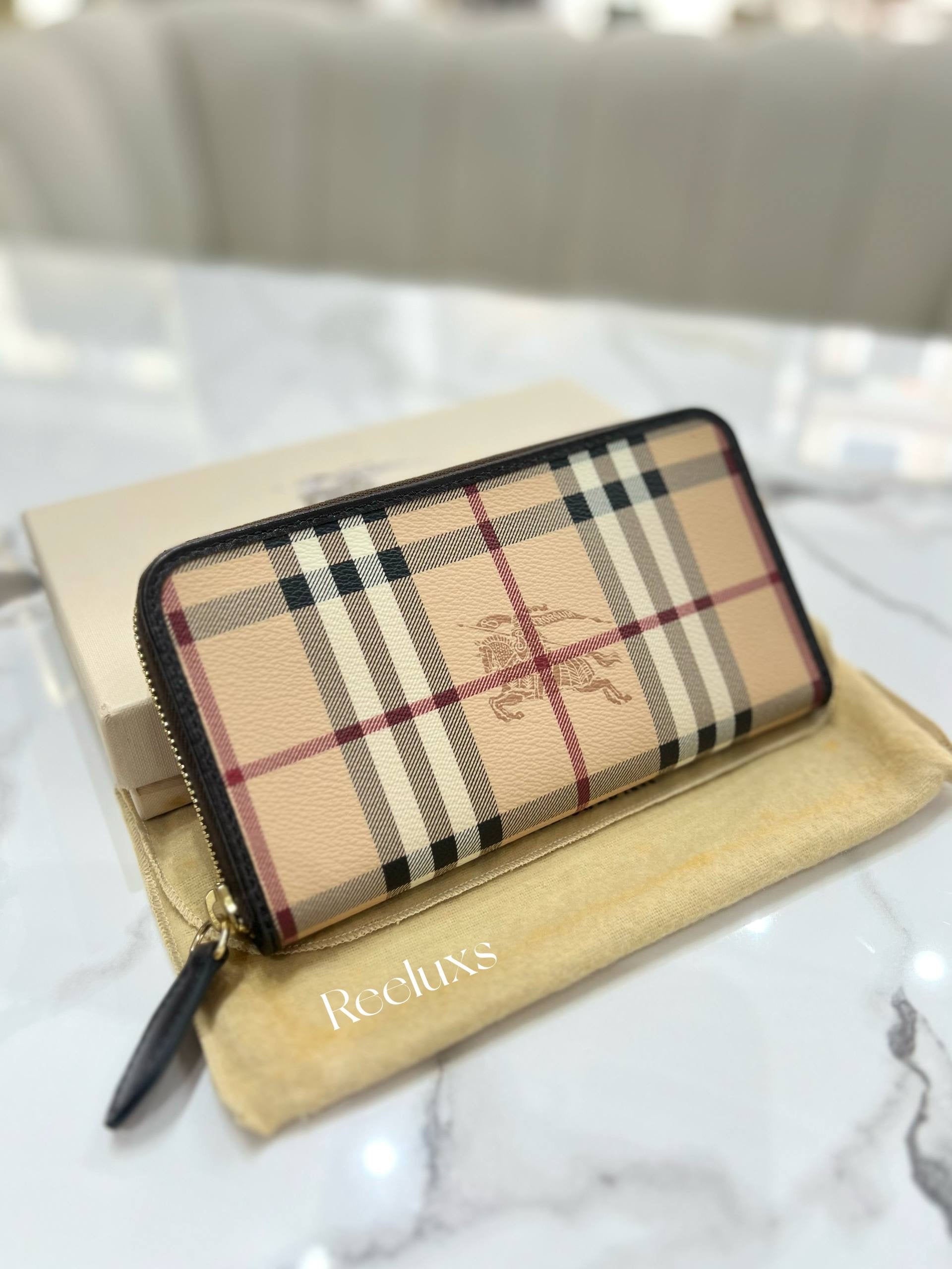 FullSet BURBERRY Brown Leather Haymarket Check Coated Canvas Zip Wallet