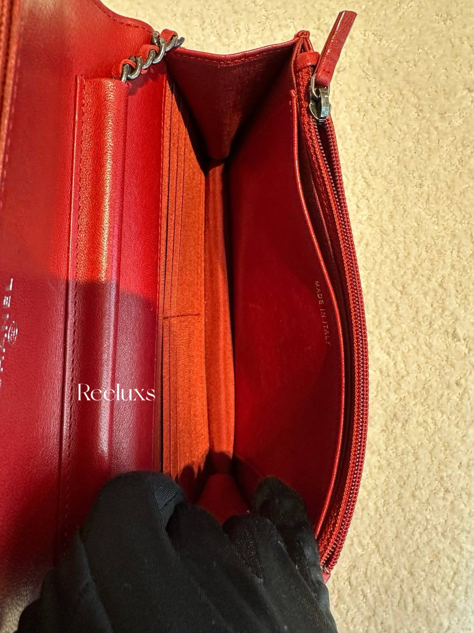 CHANEL Red Lambskin  Boy Wallet On Chain