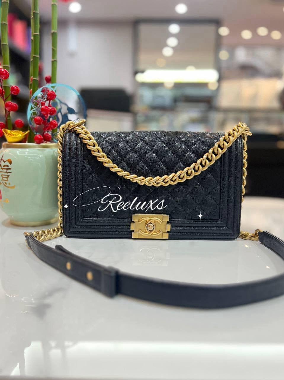 FULL SET CHANEL Leboy Medium Chevron Calf Leather