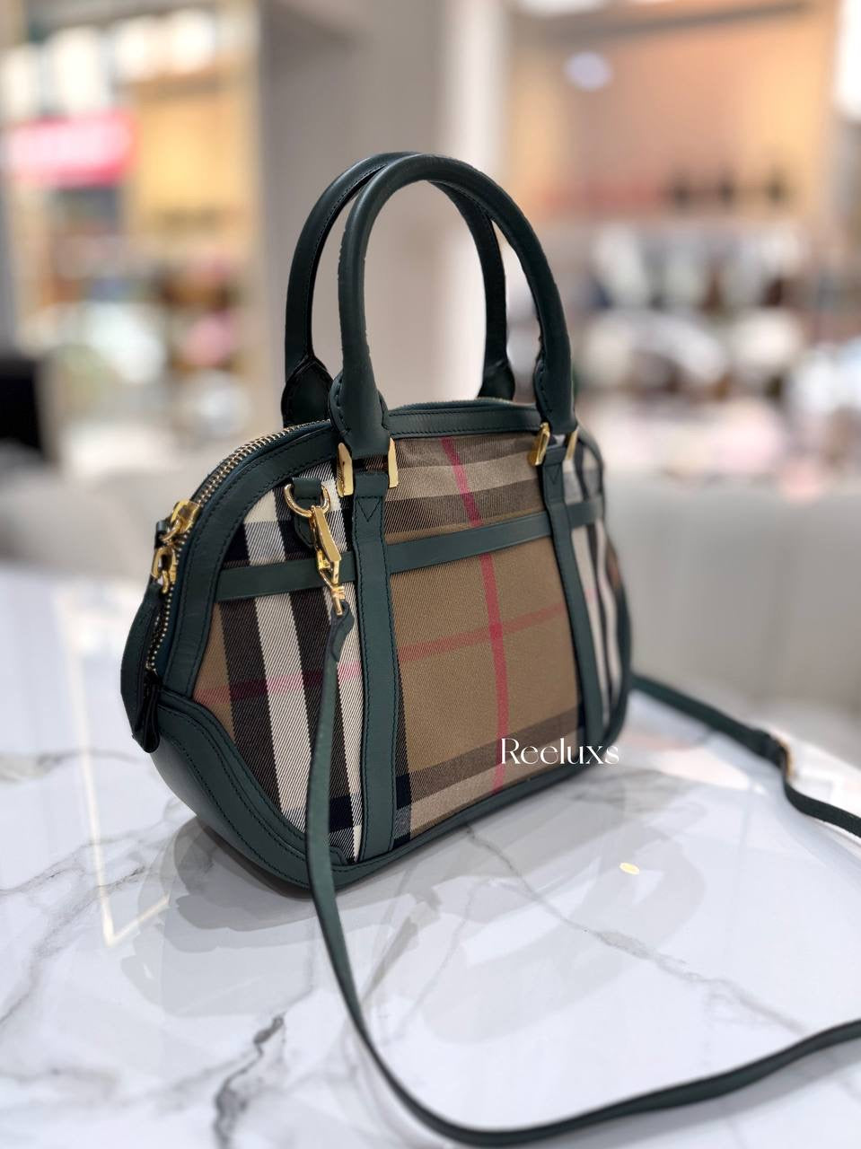 BURBERRY Green/Beige House Check Fabric and Leather Orchard Bowler Bag