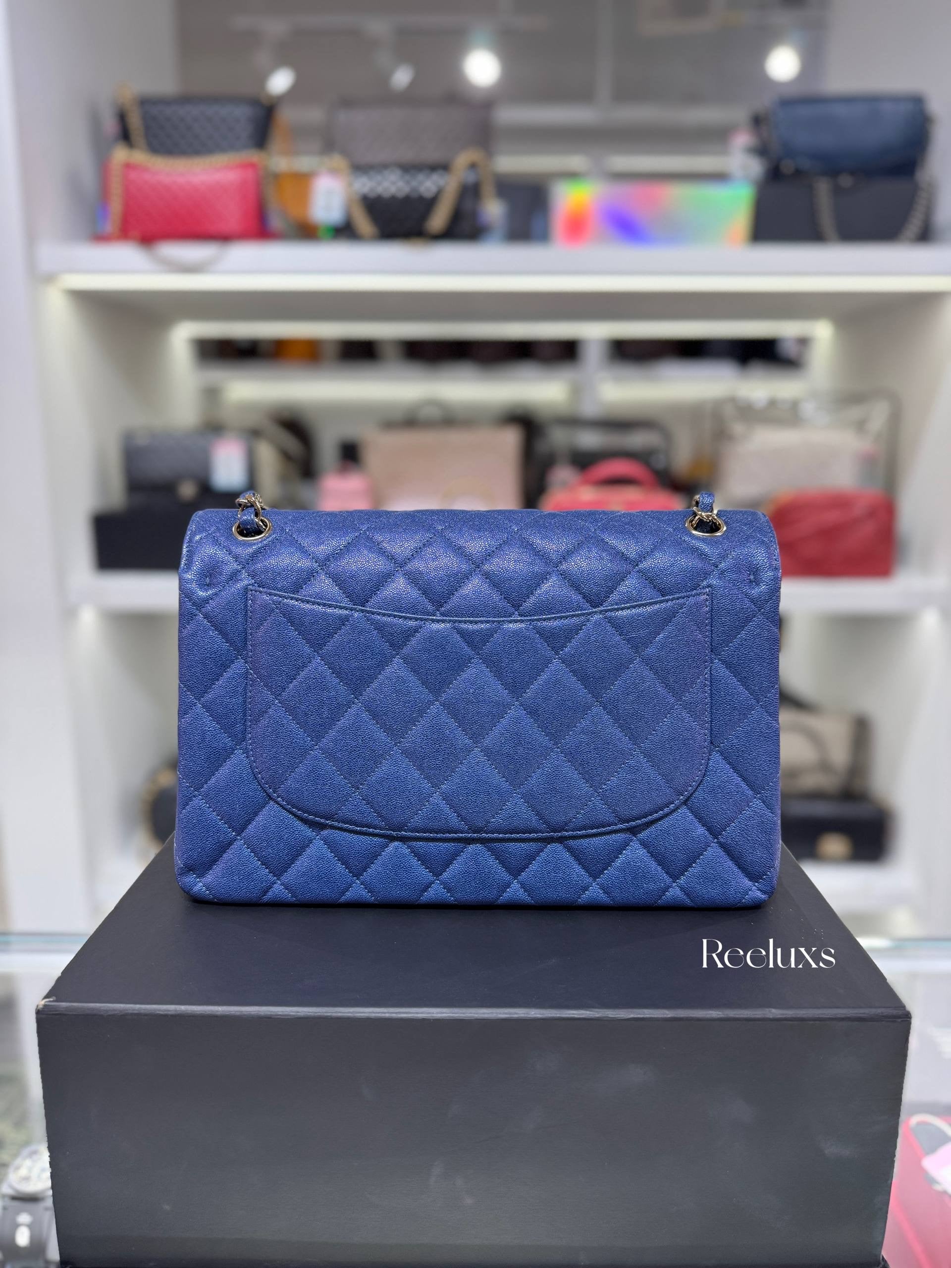CHANEL Iridescent Caviar Quilted Leather Medium Classic Double Flap Bag Full Set