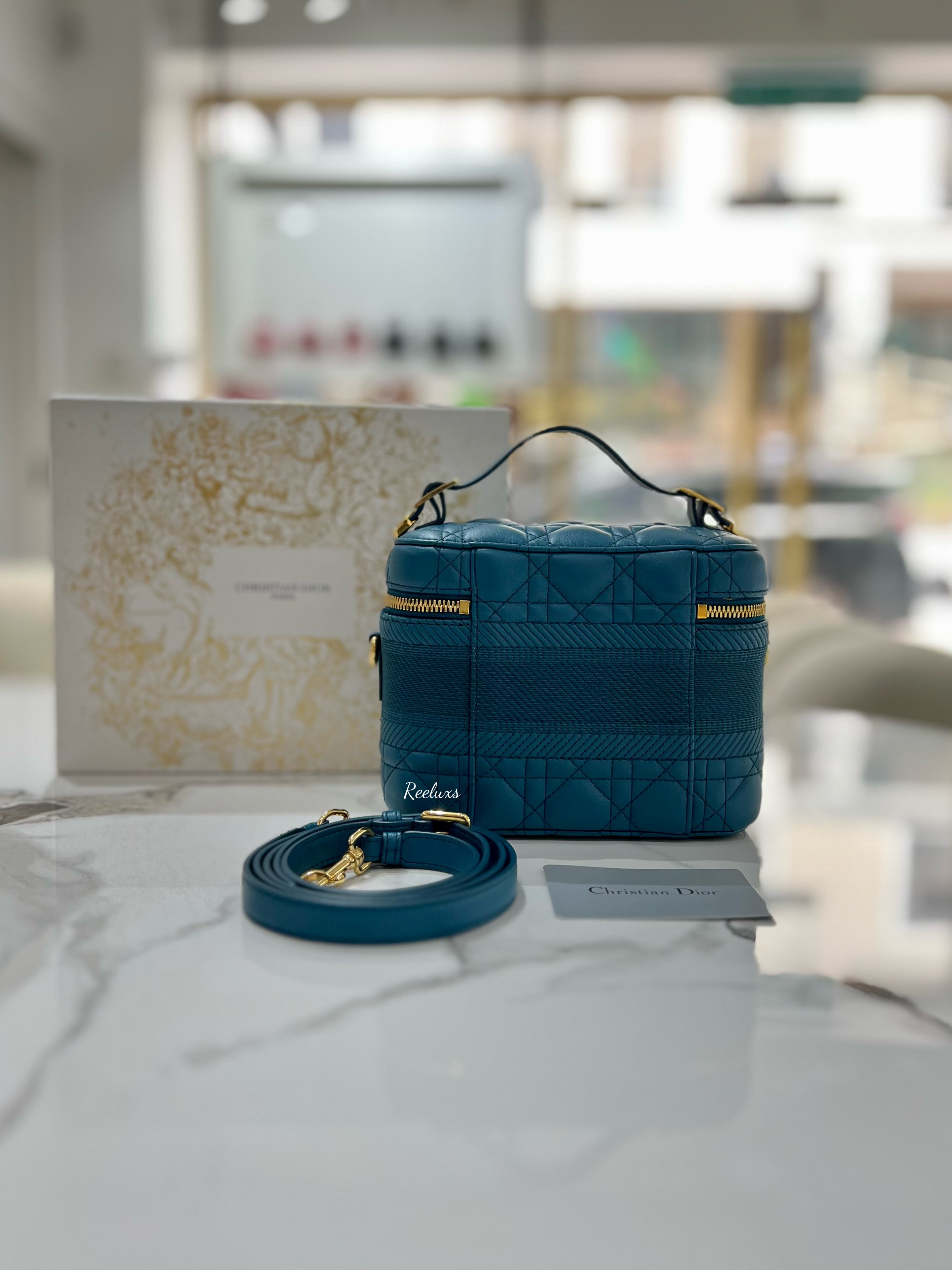 CHRISTIAN DIOR  Lambskin Cannage Small Diortravel Vanity Case Deep Ocean