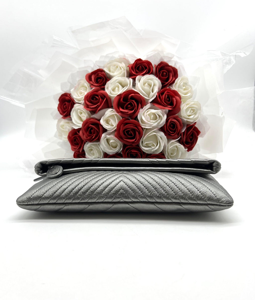 CHANEL CC Silver Metallic Flap Clutch - Reeluxs 
