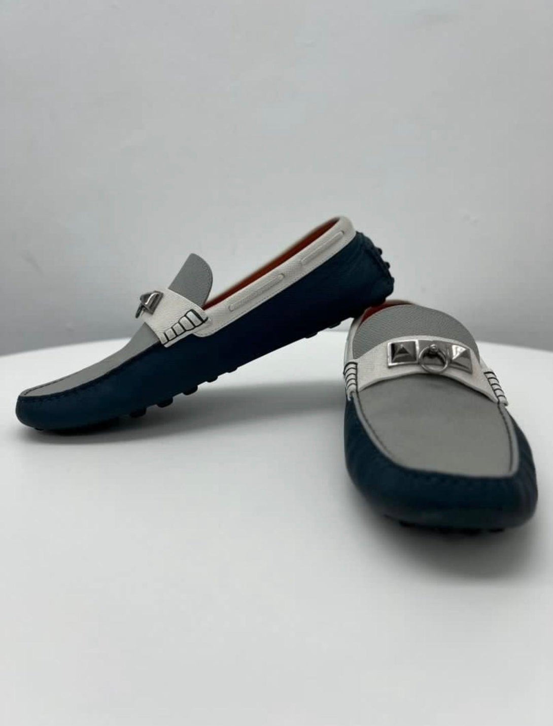 HERMES Epsom Mens Irving Driving Moccasin Loafers Bleu Glacier Blanc Colvert Size 43 - Reeluxs 