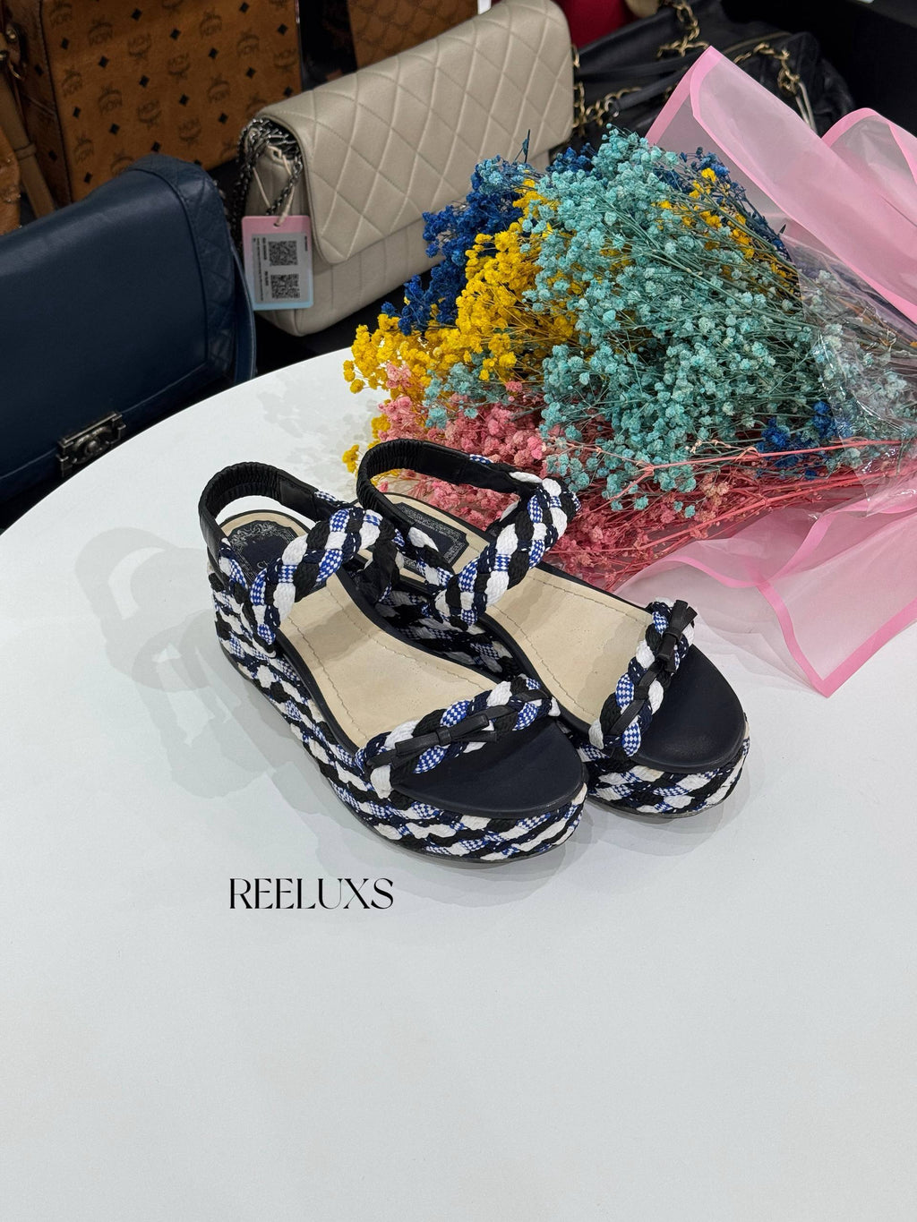CHRISTIAN DIOR Dior Tri-Color Braided Fabric and Leather Open Toe Wedge Sandals