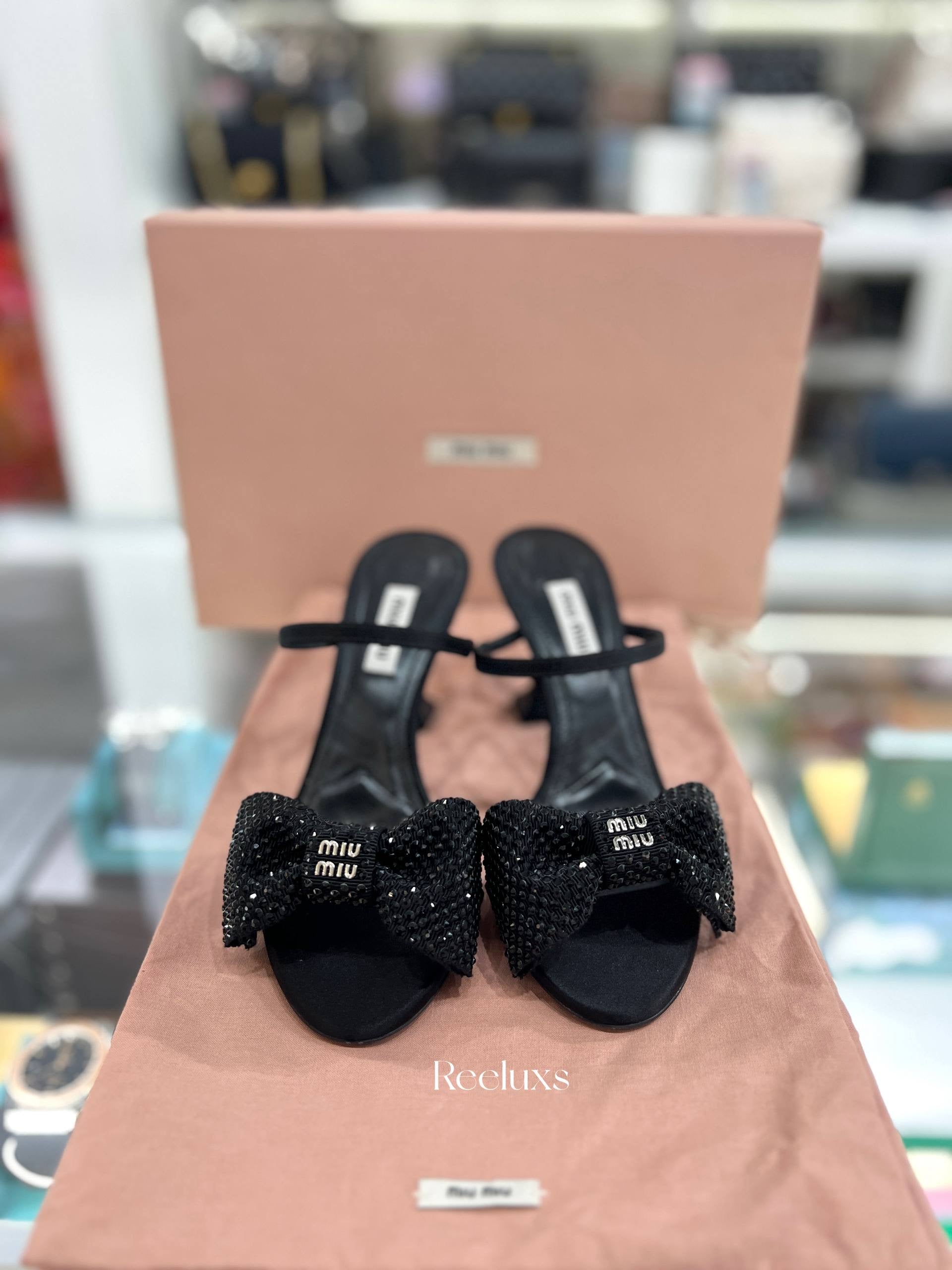 MIU MIU Crystal Bow Satin Sandals