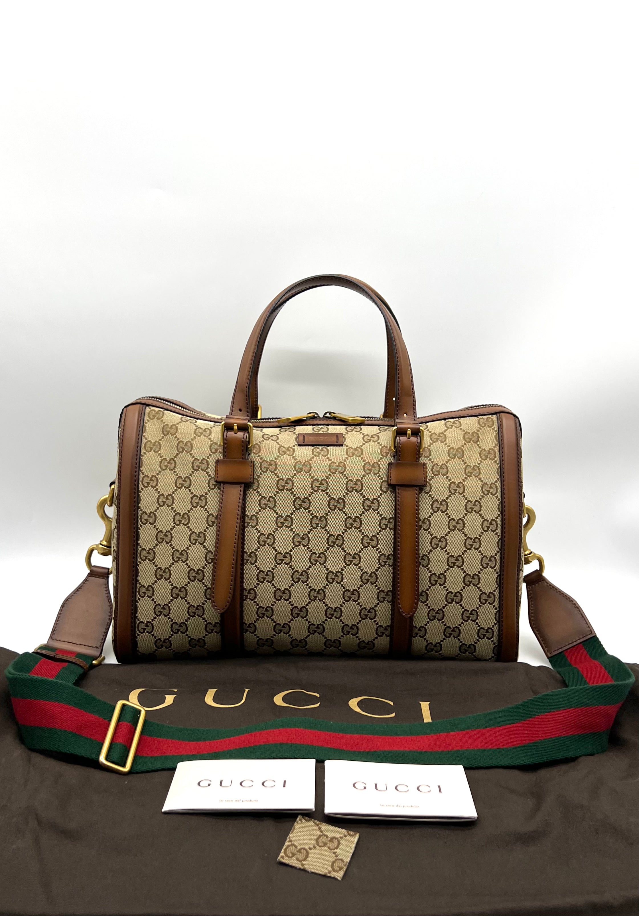 GUCCI Monogram Medium Lady Web Boston Bag Beige Cuir - Reeluxs 