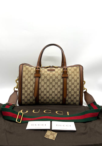 GUCCI Monogram Medium Lady Web Boston Bag Beige Cuir - Reeluxs 