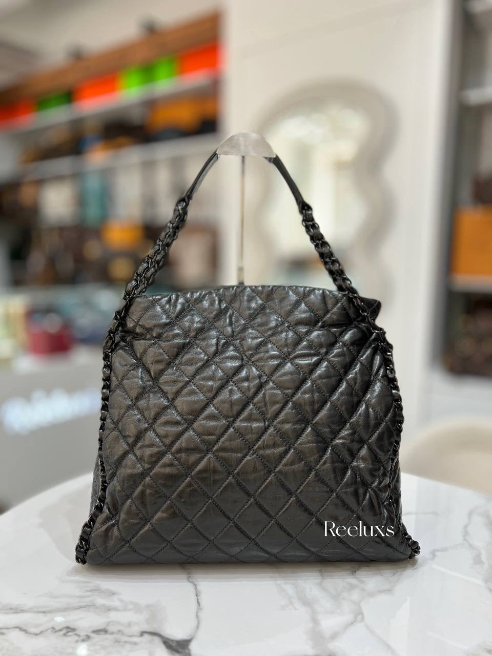 CHANEL Gunmetal Leather Chain Me Quilted Bag