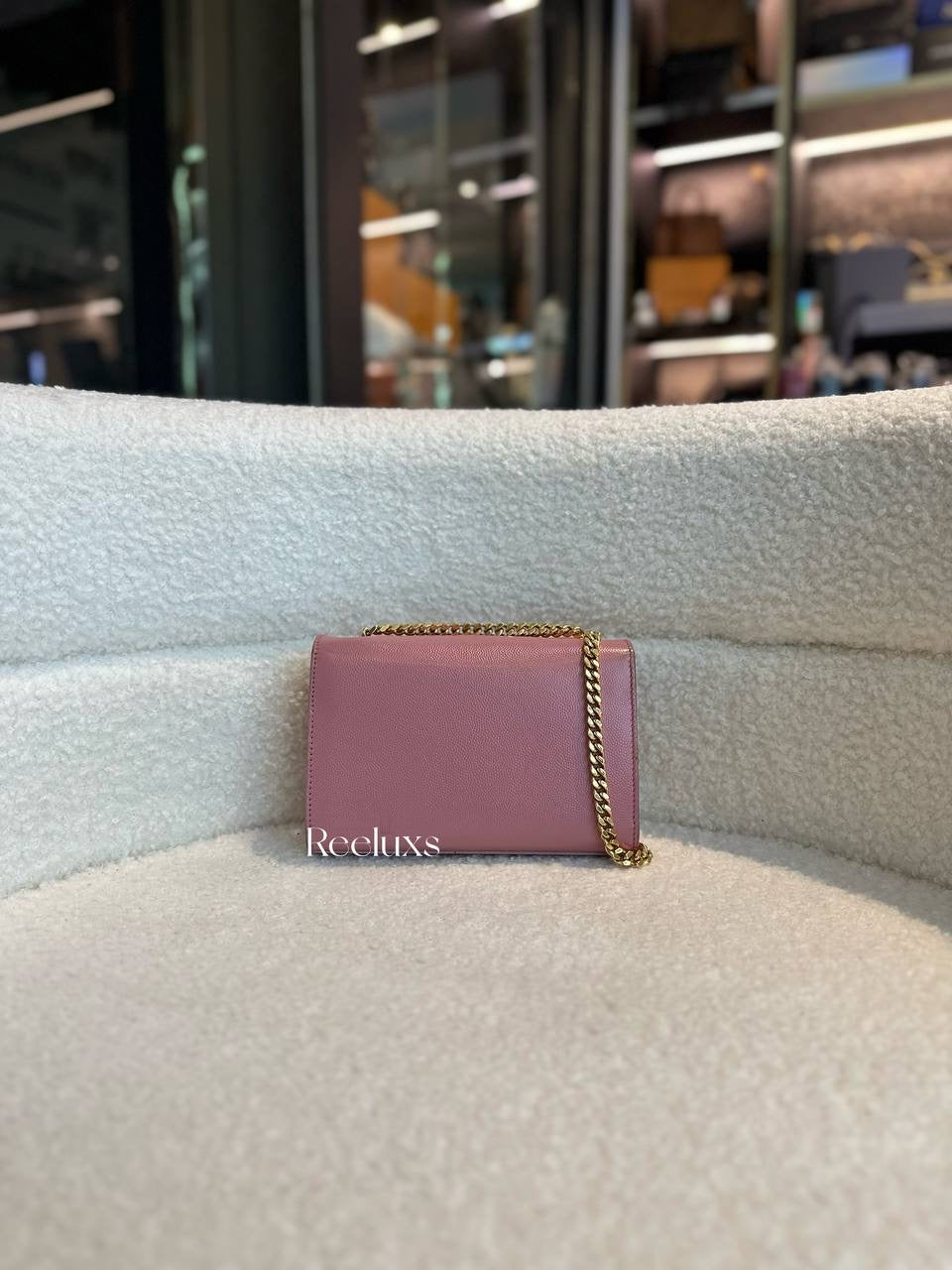 YSL SAINT LAURENT Cassandre Pink Grained Leather Gold Hardware Crossbody Bag