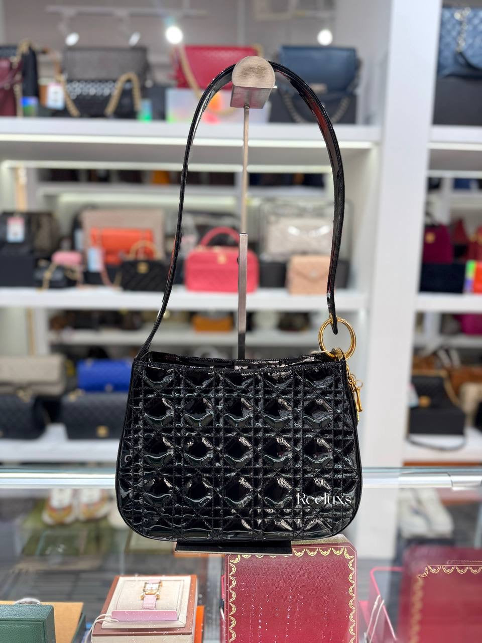 CHRISTIAN DIOR Cannage Black Patent Leather Shoulder Bag