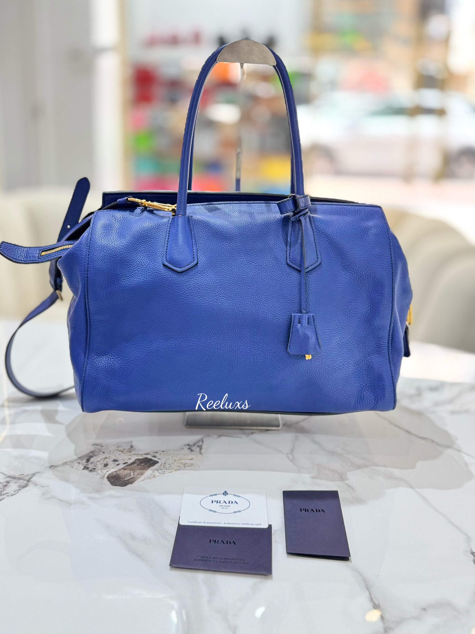 PRADA Blue Vitello Grain Leather Shoulder Bag