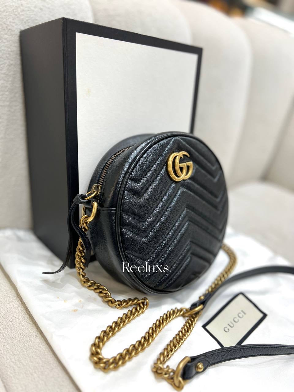 FULLSET GUCCI GG Marmont Round Crossbody Bag Mini Black
