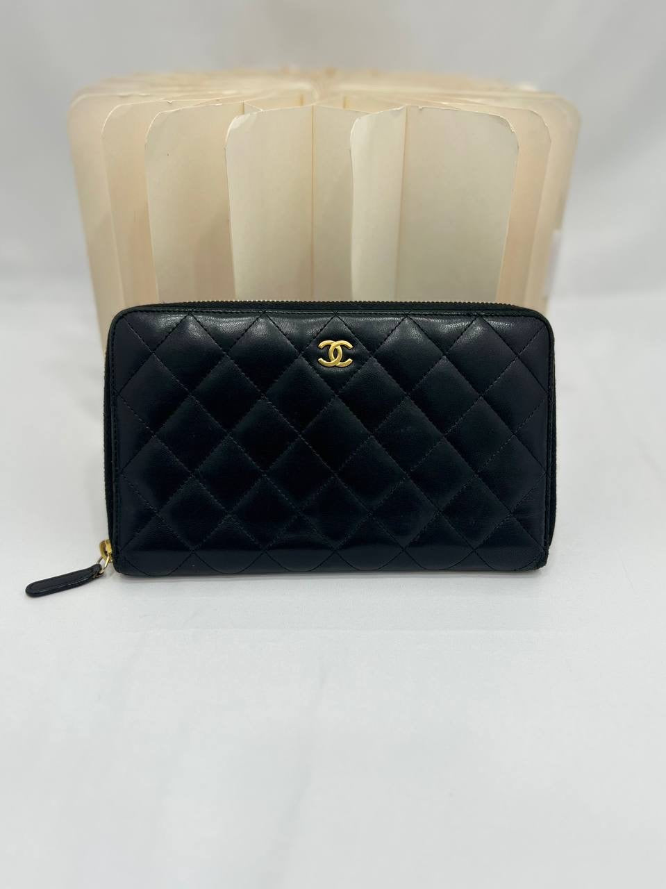 CHANEL Long Zip Wallet Quilted Black Lambskin