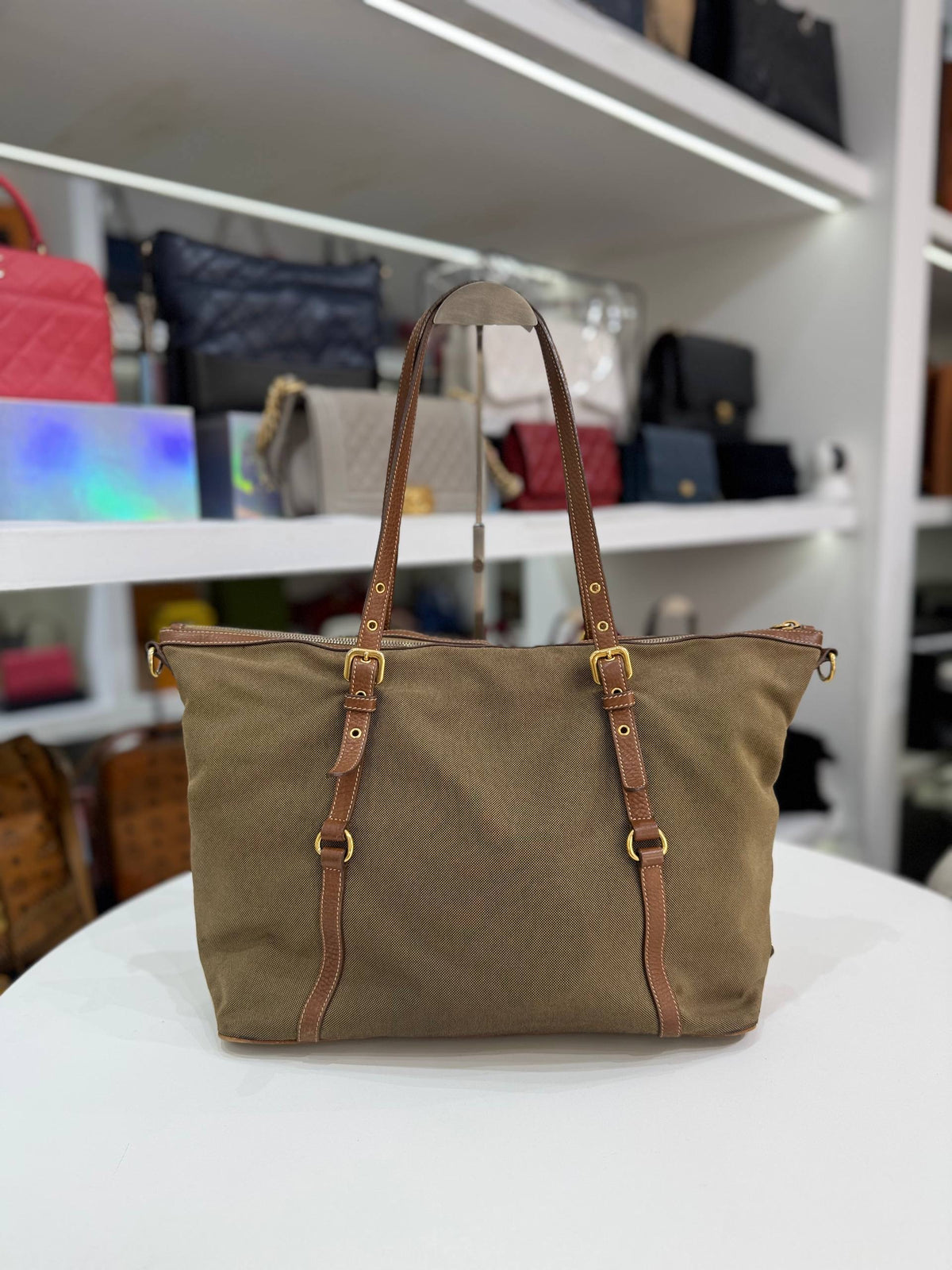PRADA Vintage Logo Jacquard Canvas Brown Leather Tote Bag