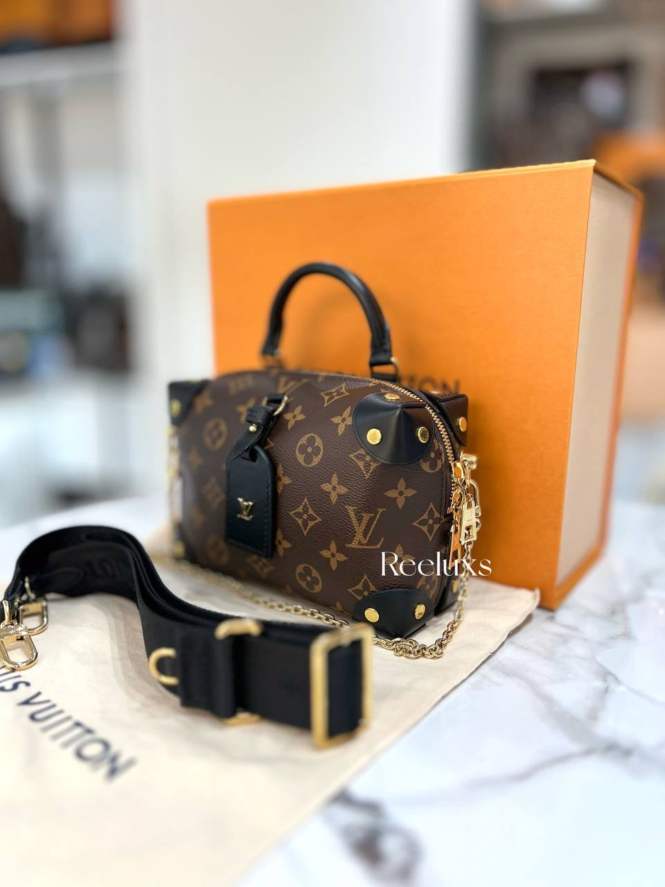 LOUIS VUITTON LV Petite Malle Souple Monogram Canvas Handbag Full set