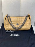 CHANEL Beige  Chocolate Bar Leather Multiple Chain Baguette Bag