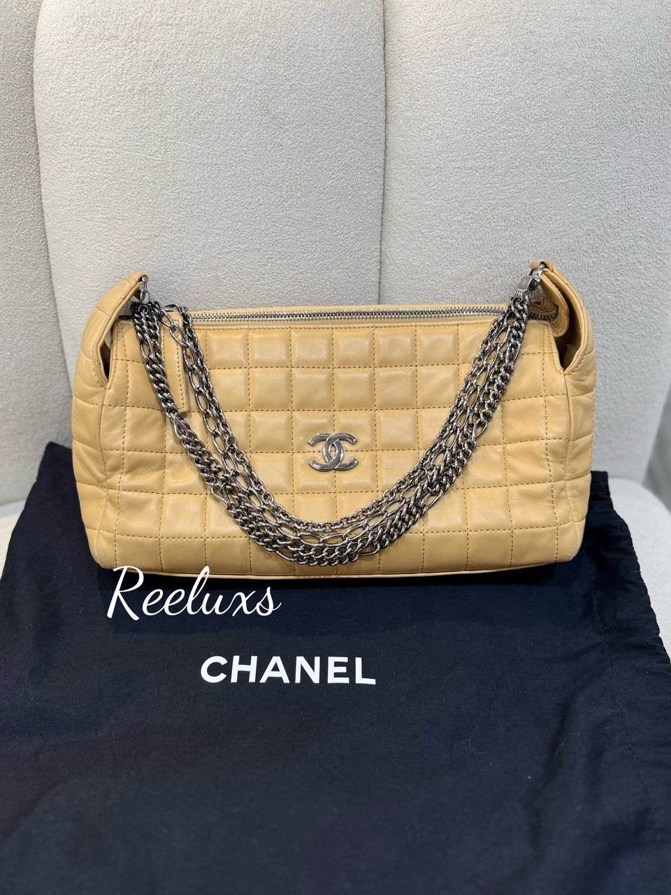CHANEL Beige  Chocolate Bar Leather Multiple Chain Baguette Bag