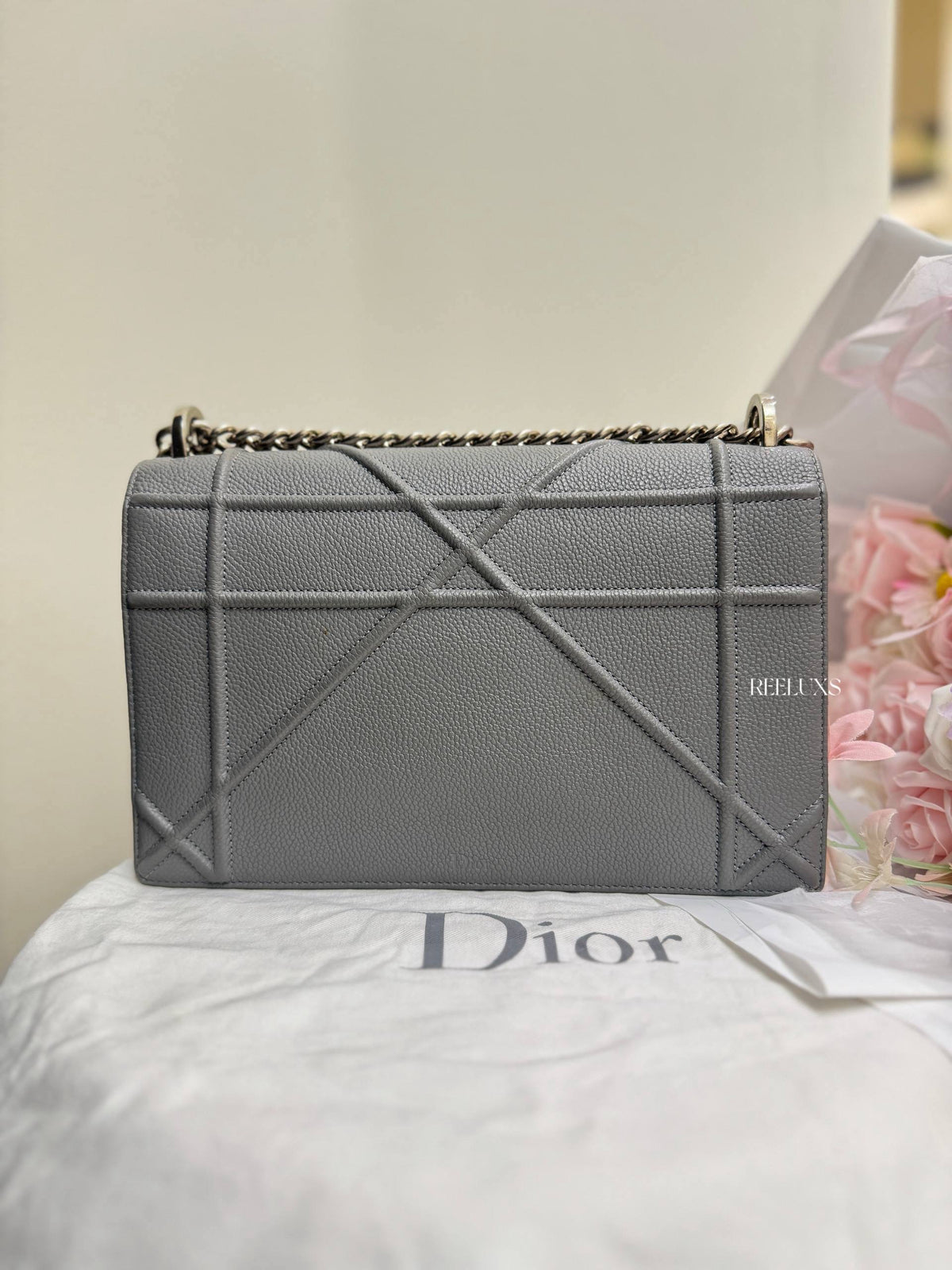CHRISTIAN DIOR Diorama Flap Bag in Grey Grained Calfskin