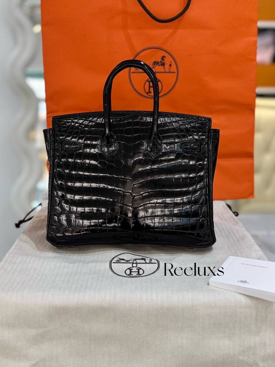 FULL SET As New HERMES Birkin 25 Black Crocodile Shiny Porosus Gold Hardware Handbag ( GHW )