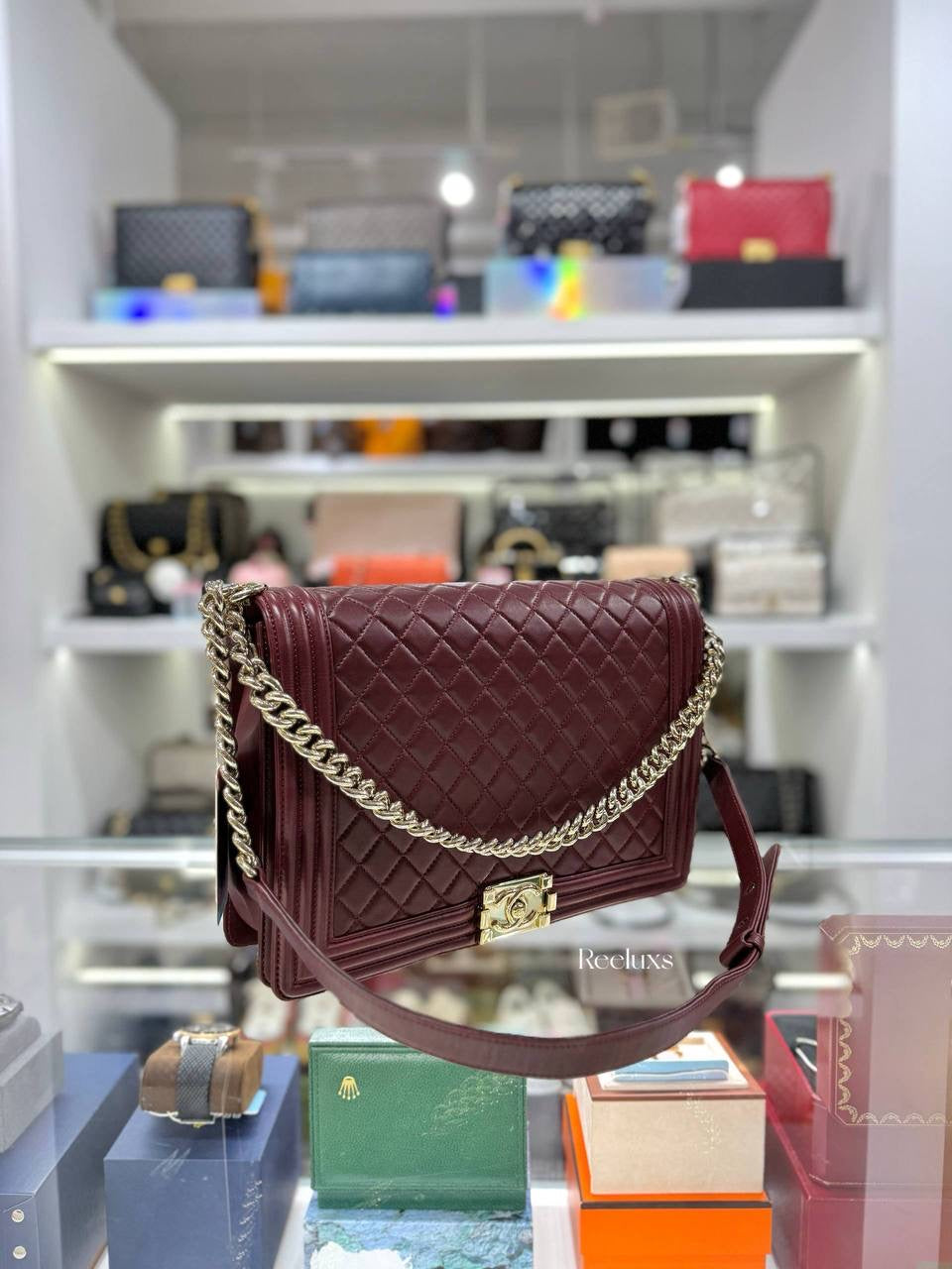 CHANEL Boy Flap Bag in Burgundy Quilted Leather with Gold-Tone Hardware
