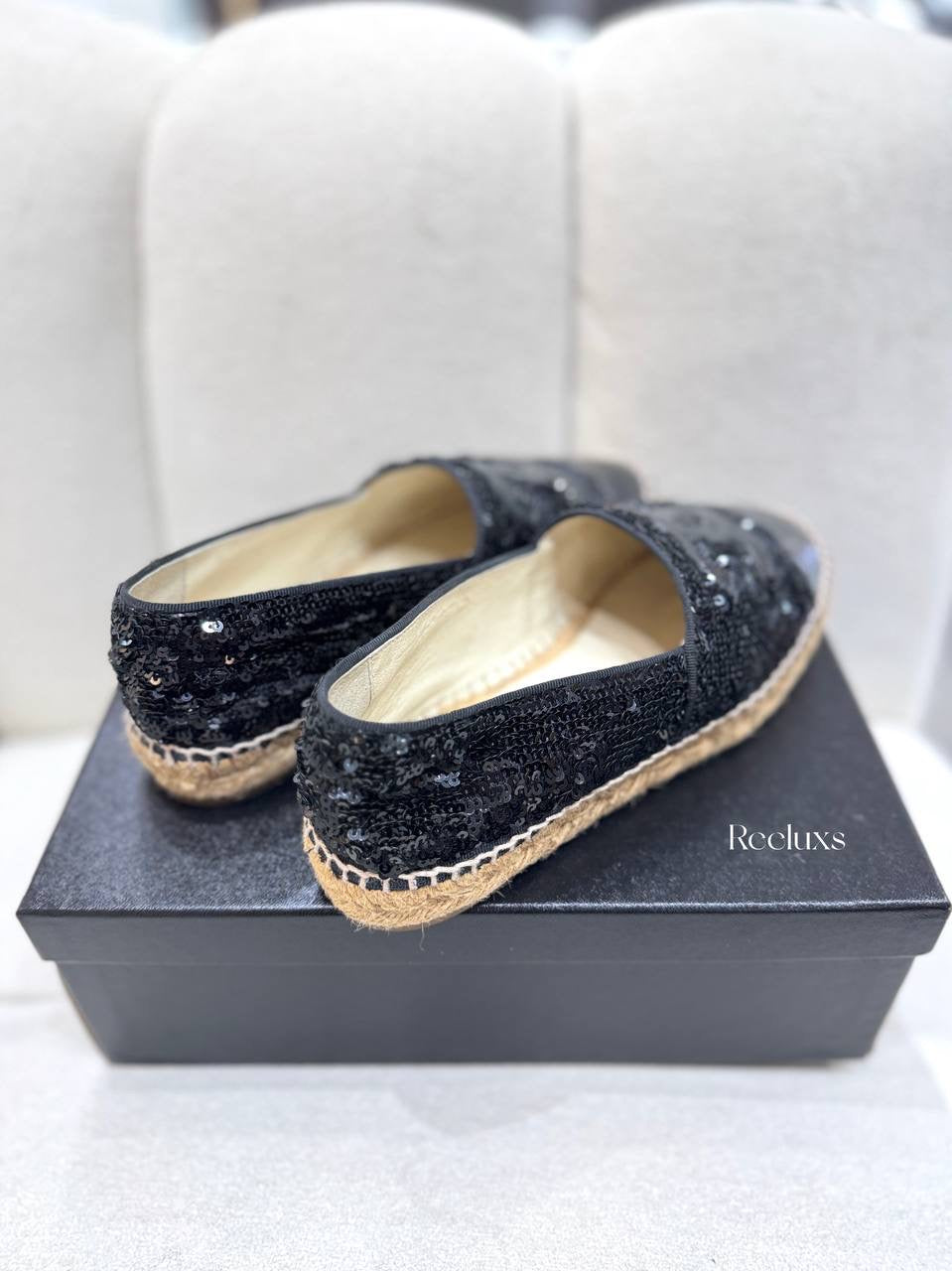 Chanel Black Sequinned Tweed & Leather CC Espadrilles