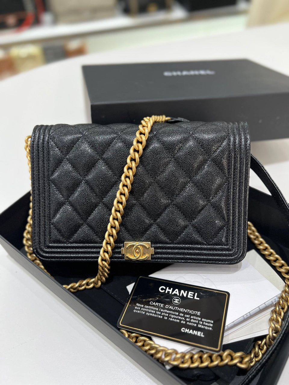 Full Set Microchip CHANEL Boy Women Wallet On Chain Grained Caviar & Gold-Tone Metal - Reeluxs 