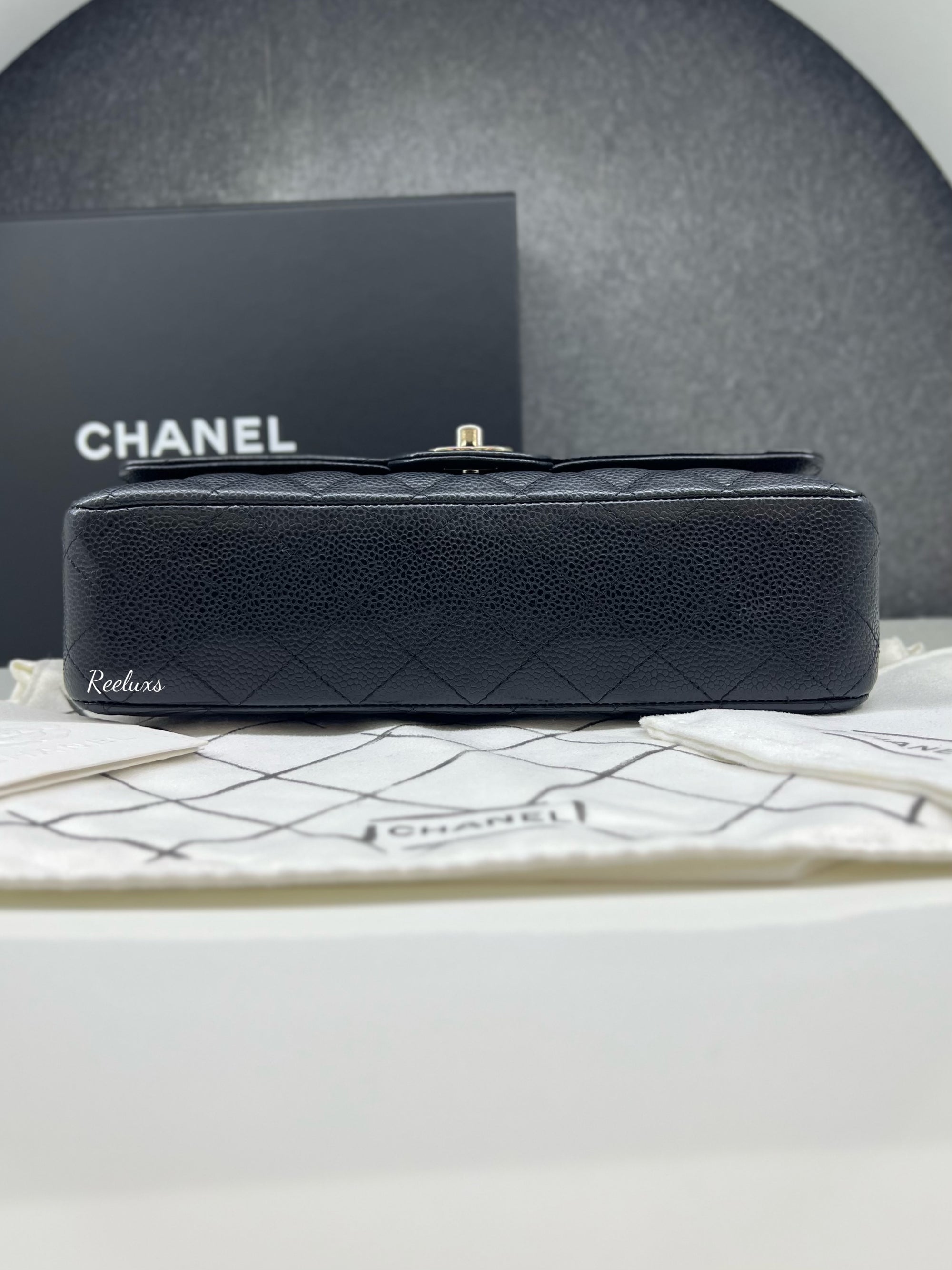 CHANEL Black Caviar Skin Classic Double Flap SHW Shoulder Bag