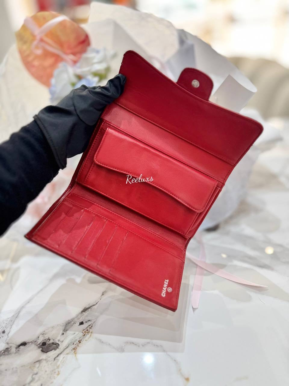 CHANEL Red Quilted  Leather Timeless/ Classique Flap Wallet
