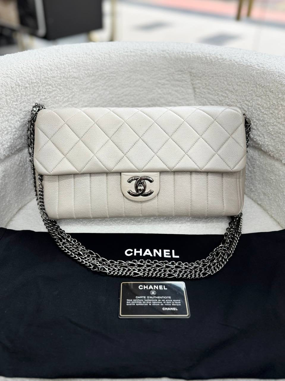 CHANEL Light Beige Grey Calfskin Single Flap Silver Hardware Shoulder Bag