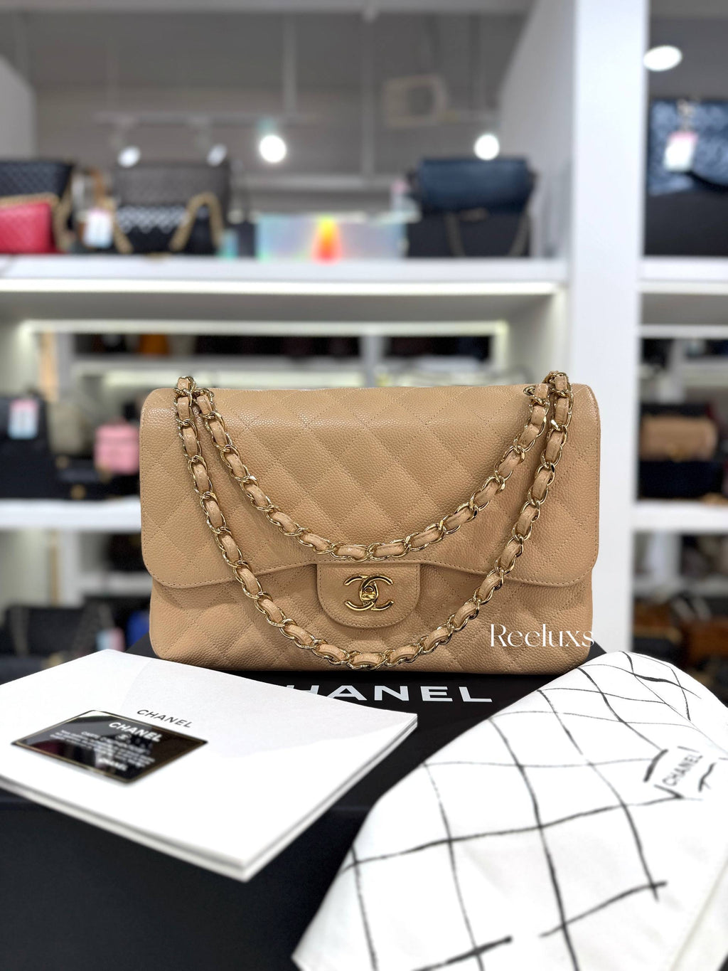 CHANEL Beige Quilted Caviar Leather  Jumbo Classic Double Flap Bag Full Set