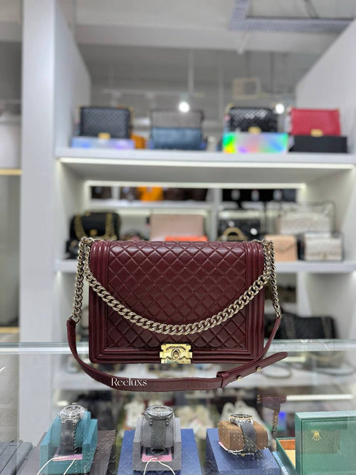 CHANEL Boy Flap Bag in Burgundy Quilted Leather with Gold-Tone Hardware