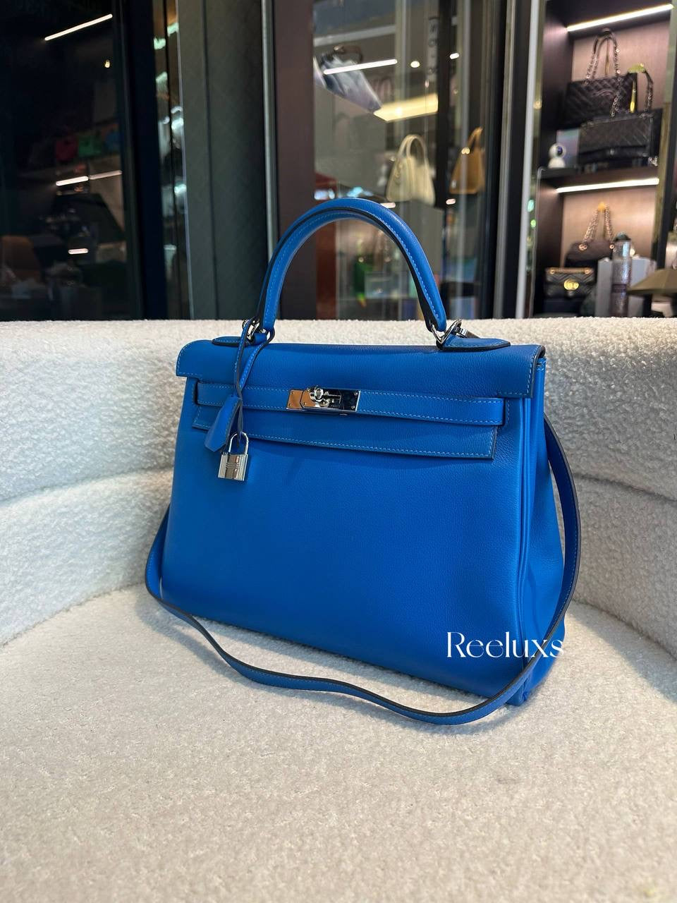 HERMES Kelly Handbag Blue Evercolor 32 With Palladium Hardware