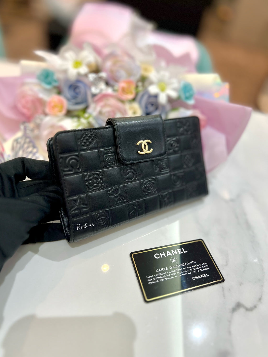 CHANEL Icon CC Logo Leather Long Bifold Wallet Black