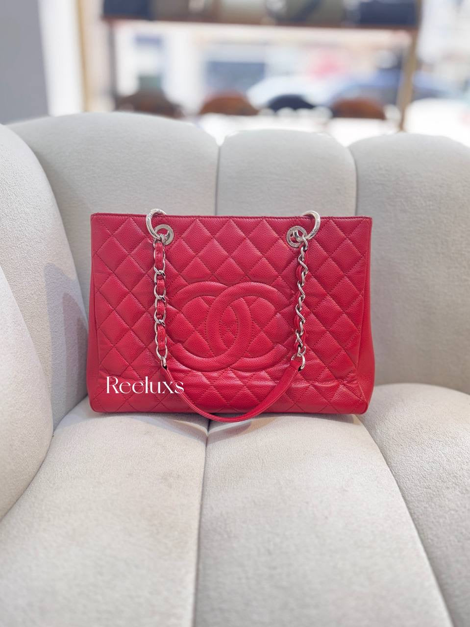 CHANEL Caviar Quilted Grand Shopping Tote GST Red
