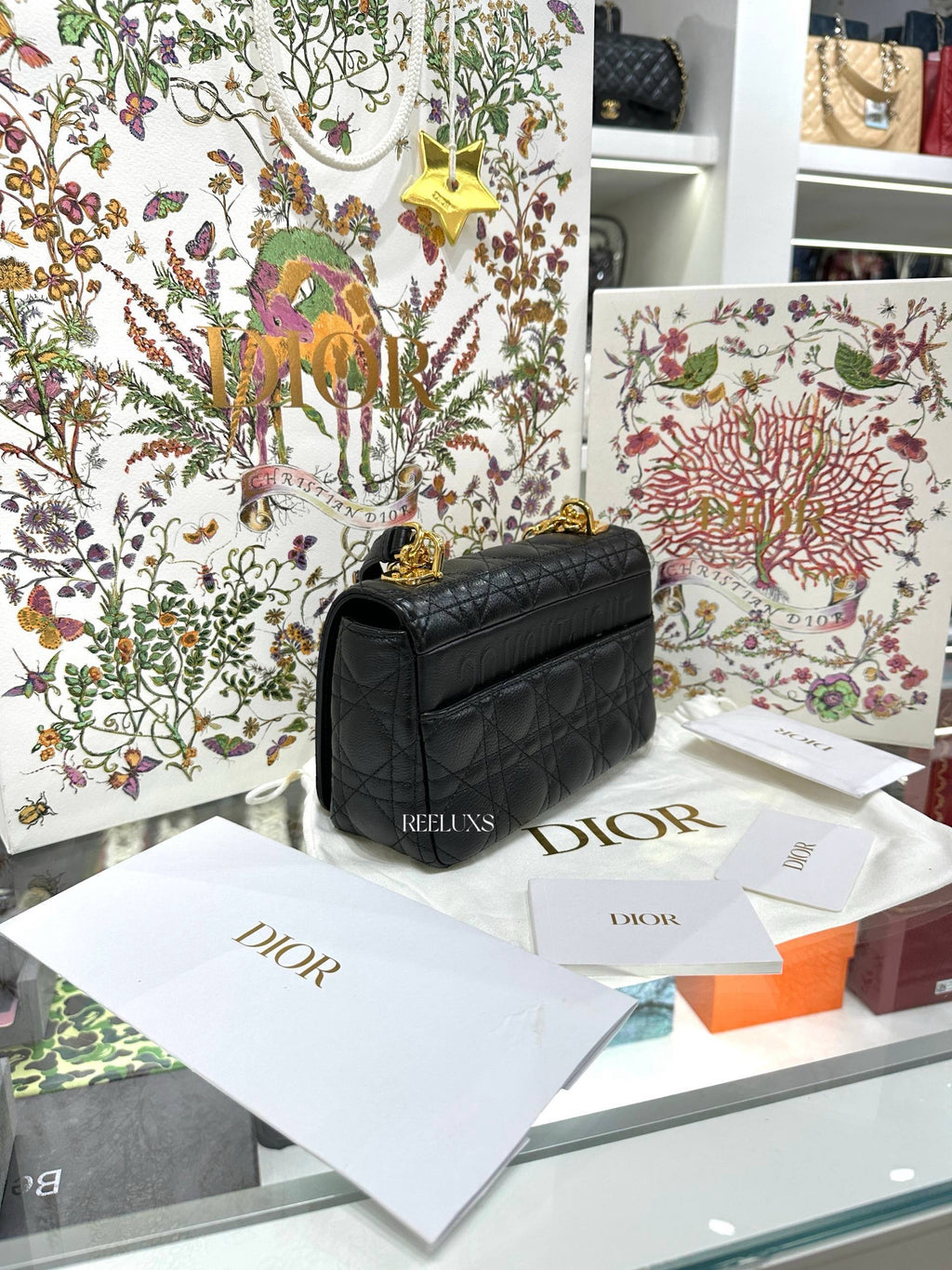 Christian Dior Black Supple Cannage Calfskin Caro Bag Full Set