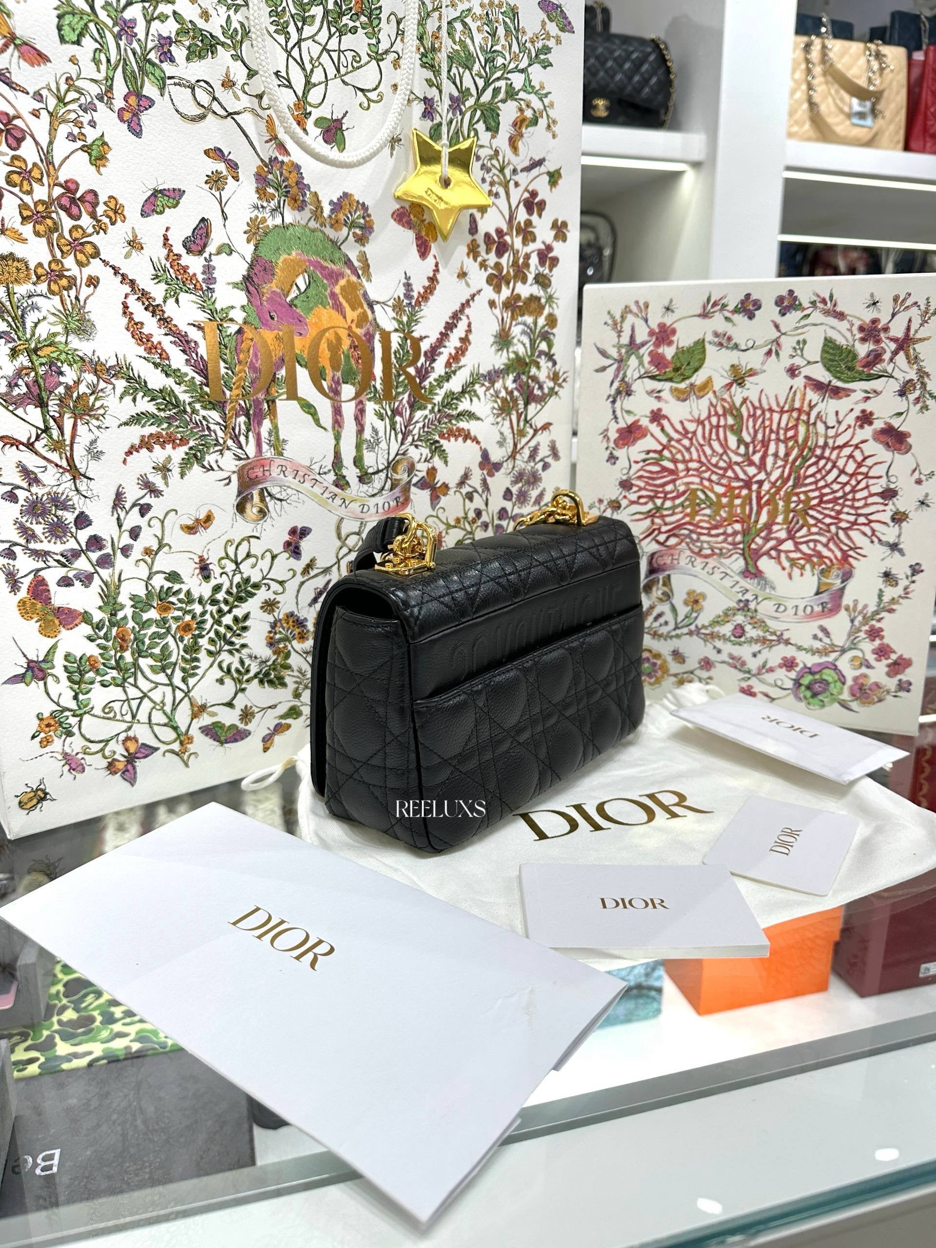 Christian Dior Black Supple Cannage Calfskin Caro Bag Full Set