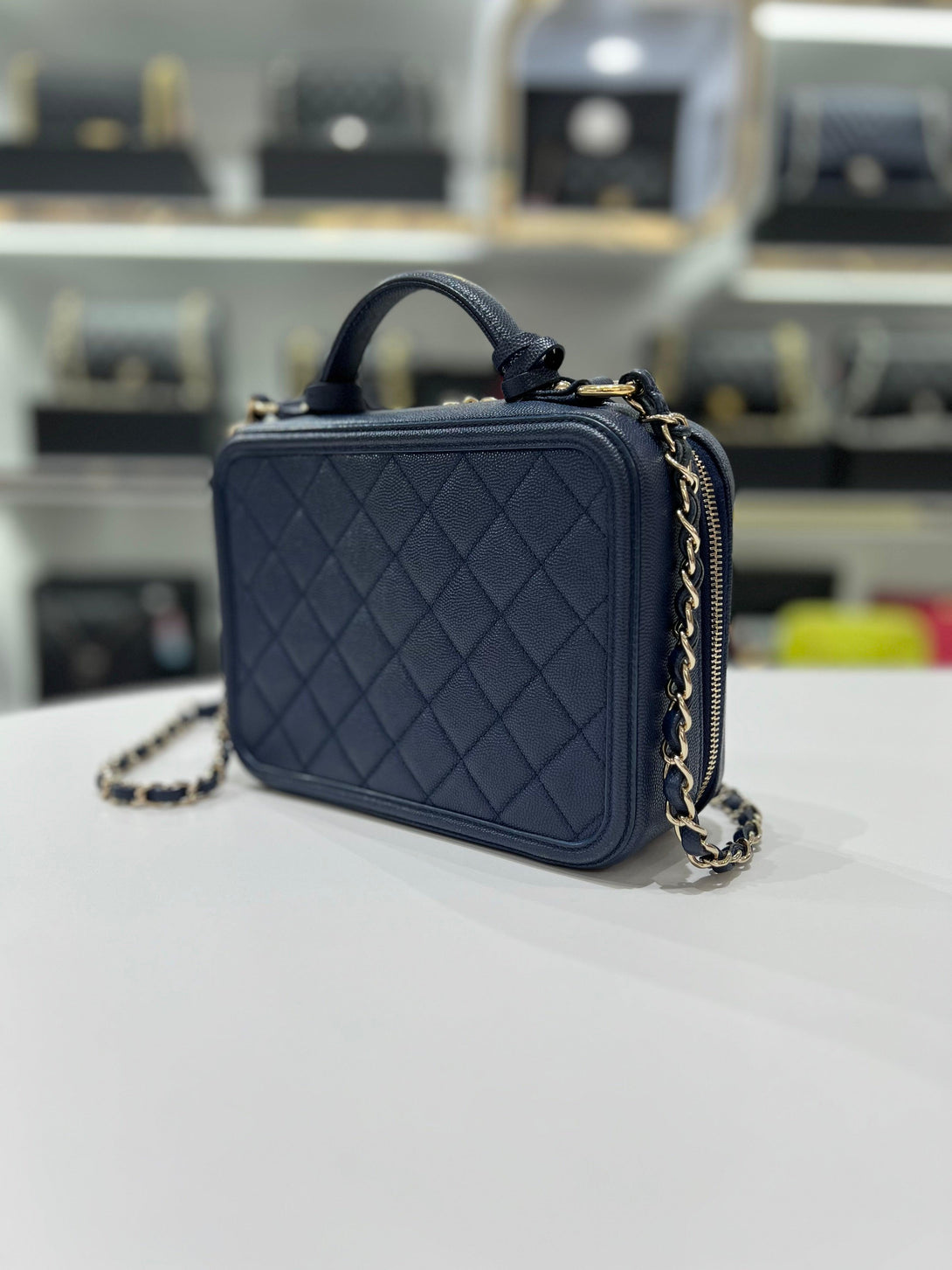 Full Set CHANEL Grained Caviar & Gold- Tone Metal Vanity Blue Leather Women Sling Bag - Reeluxs 