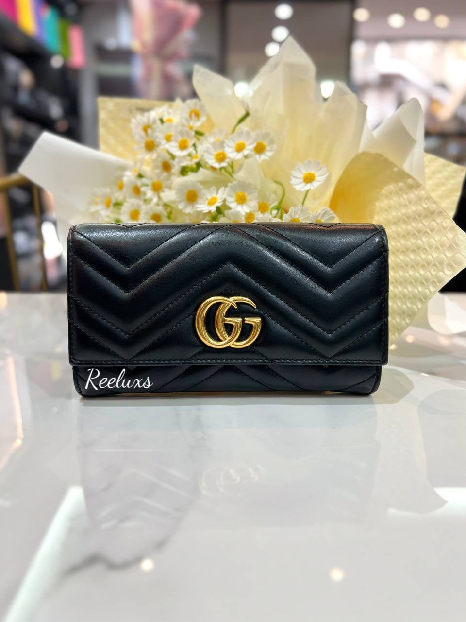 FULL SET GUCCI GG Marmont Leather Black Long Wallet