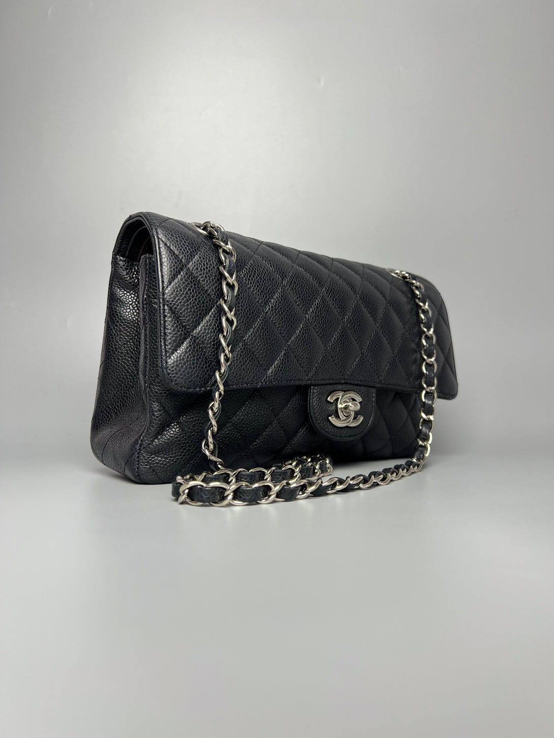 CHANEL Black Caviar Skin Classic Double Flap SHW Shoulder Bag - Reeluxs 