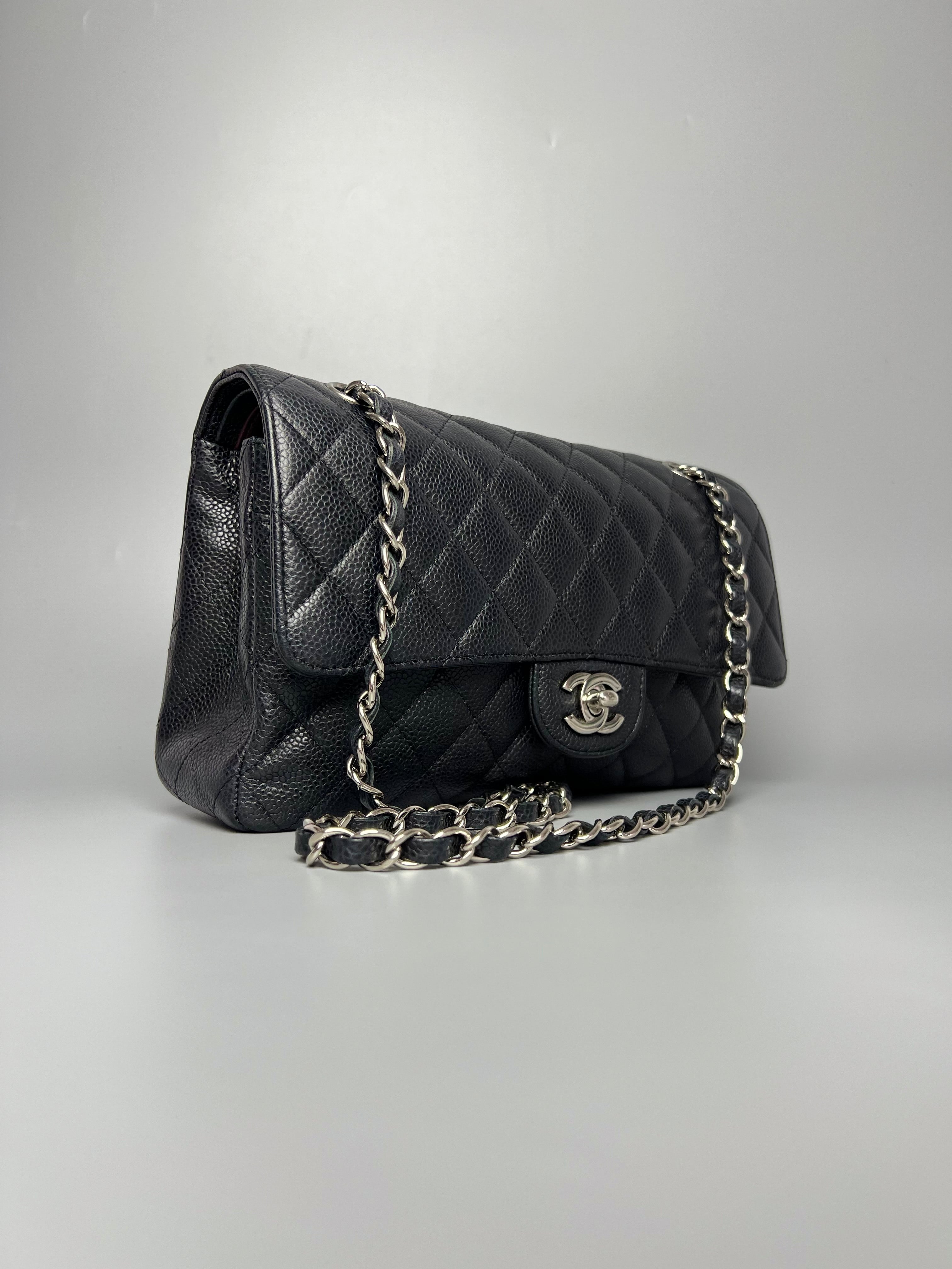 CHANEL Black Caviar Skin Classic Double Flap SHW Shoulder Bag - Reeluxs 