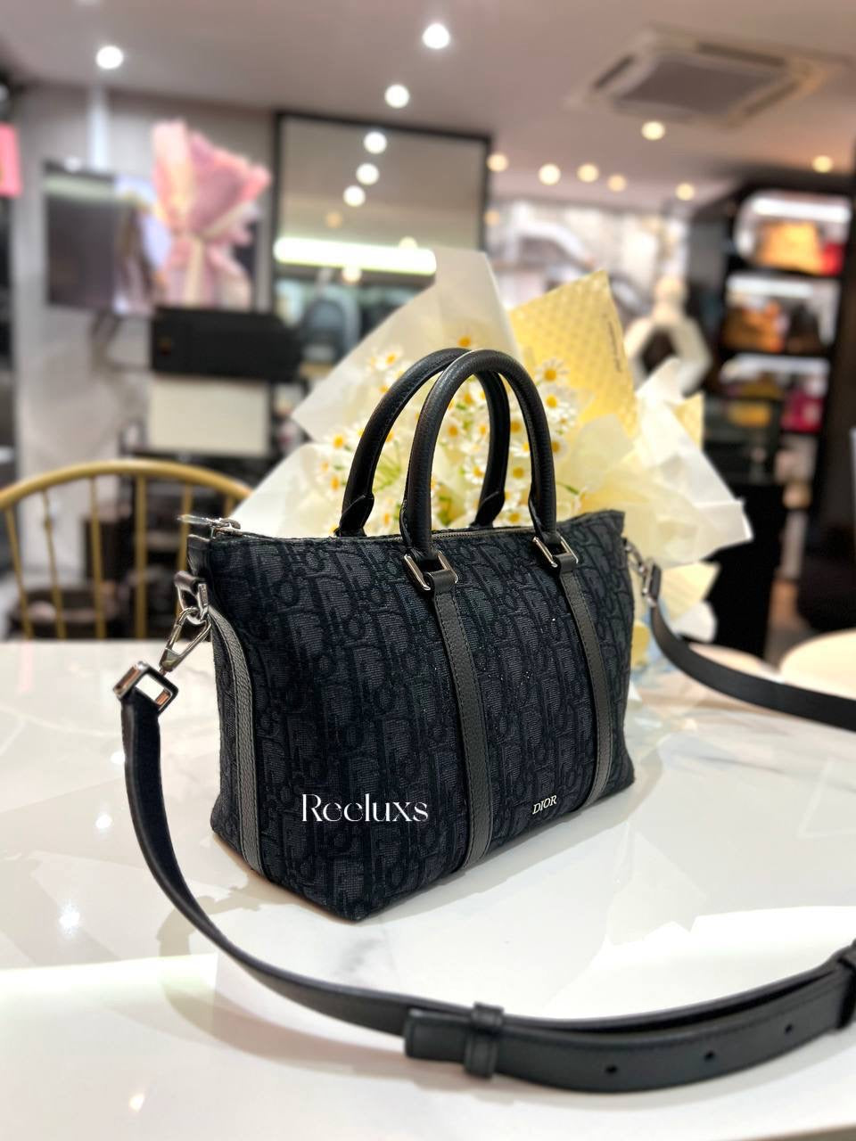 FULL SET  2024 DIOR Weekender 25 Black Dior Qblique Jacquard And Black Grained Calfskin Hand Bag / Shoulder Bag