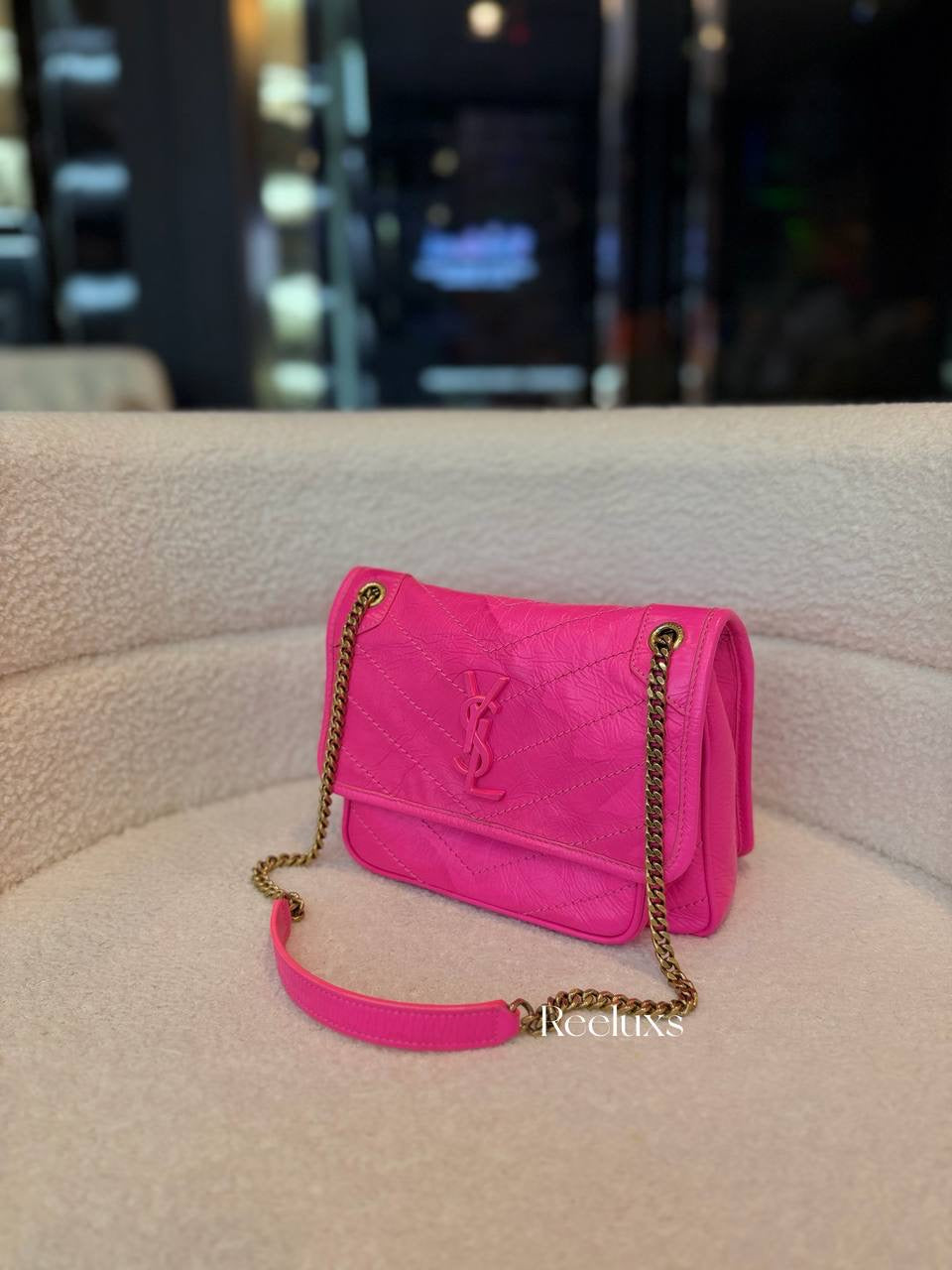 Saint Laurent Niki Baby Shoulder Bag in Hot-Pink Vintage Quilted Leather